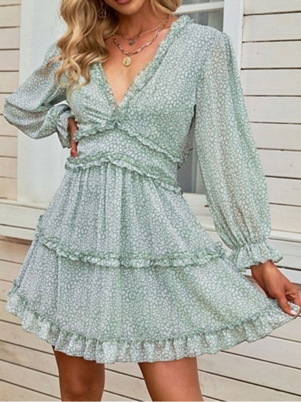 #564 Very Sexy Long Sleeve Ruffle Tiered Mini Dress in Sage Green with open back